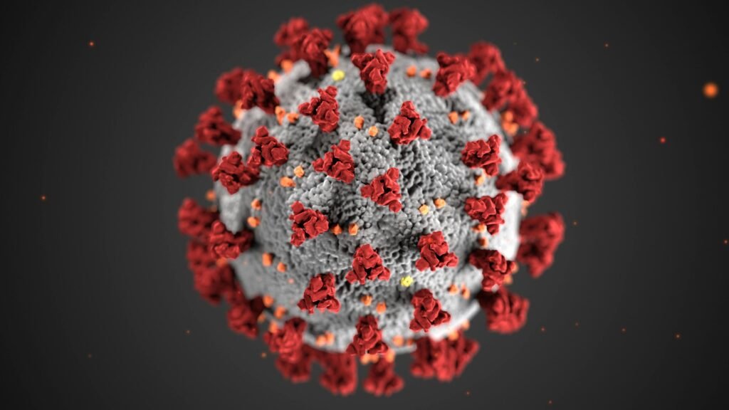 pexels-photo-3993212-3993212 Detailed illustration of coronavirus structure with red spike proteins.